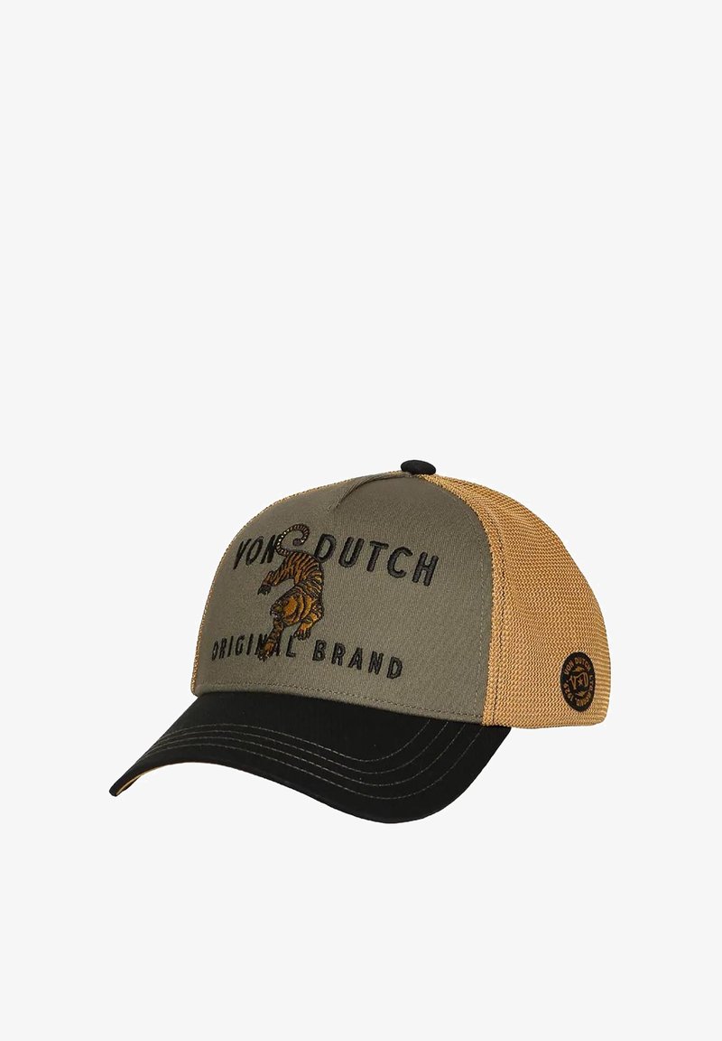Gorra con la parte frontal verde, visera negra y parte trasera de malla color beige. Presenta un diseño de tigre bordado y el texto "VON DUTCH ORIGINAL BRAND".