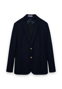 Navy blazer featuring a notched lapel, gold buttons, and two front pockets. Made of soft fabric with a smooth inner lining.