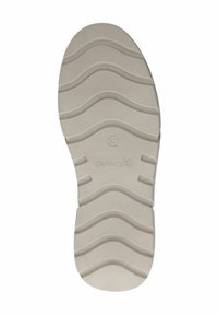 Semelle de chaussure en caoutchouc blanc avec un motif de semelle ondulée, comportant le nom de la marque "CAPRICE" et la taille "37" embossés sur la surface.