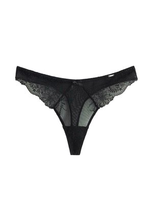 Mustat pitsit thongit, joissa on kukka-embroidointi, läpinäkyvät paneelit, edessä kauniilla nauha-akselilla ja minimikattavuudella takasuunnittelussa.