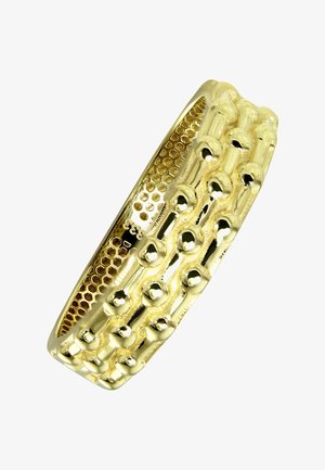 Bracelet en or avec un motif en nid d'abeille, présentant des accents sphériques en relief et une finition lisse et polie. Forme circulaire, largeur moyenne.