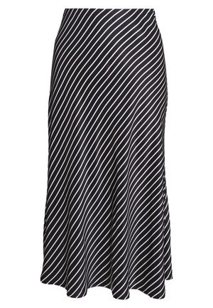 Zwarte midi-rok met witte diagonale strepen en een lichte uitlopende zoom, getoond op een effen witte achtergrond.