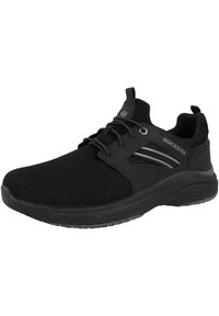 Schwarze Netzsneaker mit strukturiertem Obermaterial, dehnbaren Schnüren und grauen Akzenten. Entwickelt für Atmungsaktivität und Komfort.