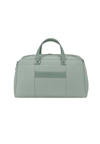 Helle grüne Handtasche aus strukturiertem Material mit zwei Traggriffen, zwei Reißverschlusstaschen und einem flachen Vordertaschen-Detail.