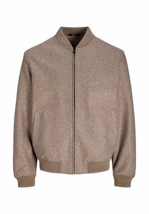 Light brown wool bomber jacket with front zipper, ribbed collar, cuffs, and hem, and two front slit pockets.