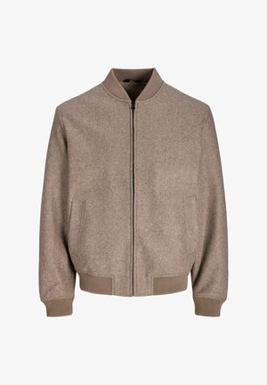 Light brown wool bomber jacket with front zipper, ribbed collar, cuffs, and hem, and two front slit pockets.