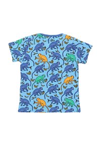 Puuvillane T-särk, lühikeste varrukatega, helesinise alusega, värvilise ahvi ja banaani mustriga sinise, rohelise, oranži ja kollasega.