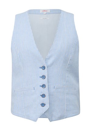 Gestreept linnen vest in lichtblauw en wit. Voorzien van een V-hals, vijf knopen en twee voorzakken. Glad van structuur en een getailleerde vorm.