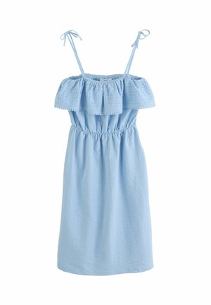 Hellblaues schulterfreies Kleid mit gerafftem Ausschnitt, verstellbaren Trägern, elastischer Taille und strukturiertem Stoff mit dezenten Mustern.