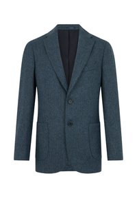 Blazer strutturato a spina di pesce in verde scuro, con rever a palette, due tasche frontali e due bottoni. Interno foderato visibile al colletto.