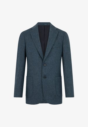 Sako ve vzoru rybí kosti v tmavě modrozelené barvě, s klopami, dvěma předními kapsami a dvěma knoflíky. Zateplený interiér viditelný na límci.