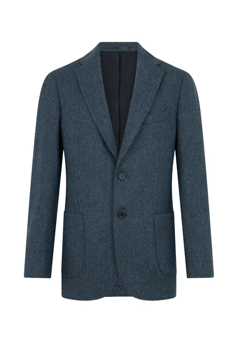 Blazer strutturato a spina di pesce in verde scuro, con rever a palette, due tasche frontali e due bottoni. Interno foderato visibile al colletto.