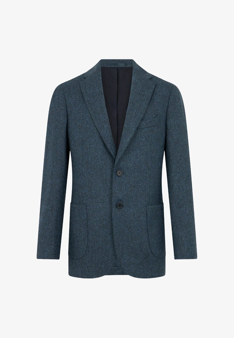 Żakiet o strukturze w jodełkę w ciemnym teal, z klapami o wycięciu, dwoma przednimi kieszeniami i dwoma guzikami. Podszewka widoczna przy kołnierzu.