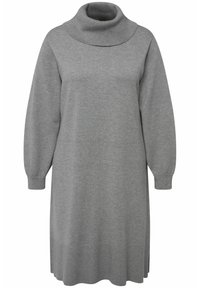 Robe pull grise avec un col roulé haut et replié. Fabriquée en maille douce, elle présente des manches longues ainsi que des poignets et un ourlet côtelés.