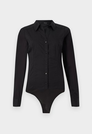 Bodysuit negro de manga larga con cuello tipo polo, cierre de botones en el frente y una parte inferior lisa y ajustada.