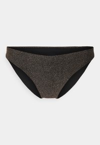 Fundo de biquíni castanho escuro brilhante com um interior preto, apresentando uma textura suave e ligeiramente refletiva, além de um corte alto nas pernas.