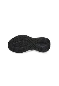 Suela de zapato de goma negra con una superficie texturizada. Presenta patrones de relieve profundos para mayor tracción y un detalle de logo en el centro.