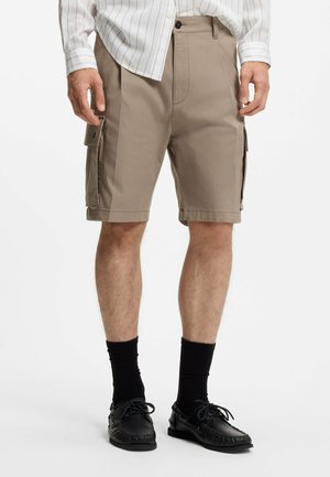 Mand iført beige cargoshorts, sorte sokker, sorte mokkasinsko og en hvid langærmet skjorte med tynde lodrette striber.