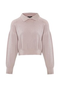 Gekürzter Pullover in weichrosa Strick mit Kragen. Mit strukturierten Polka-Dot-Mustern sowie geripptem Saum und Bündchen.