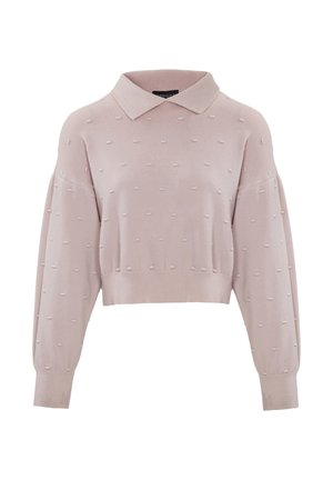 Maglione corto in morbido knit rosa tenue con scollo a collo. Presenta motivi a pois in rilievo e orlo e polsini a costine.