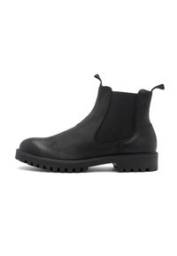 Botas Chelsea negras con paneles laterales el�ásticos, punta redondeada, cuero vegano texturizado y suela de goma gruesa con patrones de relieve profundos.