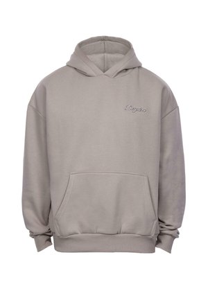 Light gray hoodie with a front pocket, drawstring hood, and embroidered logo on the chest. Made from soft fabric with a relaxed fit.