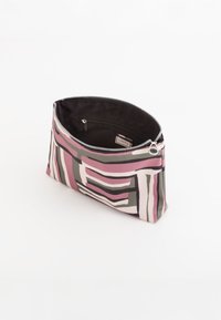 Sybags med abstrakte rosa, grå og hvide mønstre. Glat yderside, sort inderside med en lille lomme. Firkantet form.