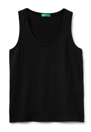 Canotta nera senza maniche con scollatura a girocollo e etichetta verde con la scritta "United Colors of Benetton" sul colletto.