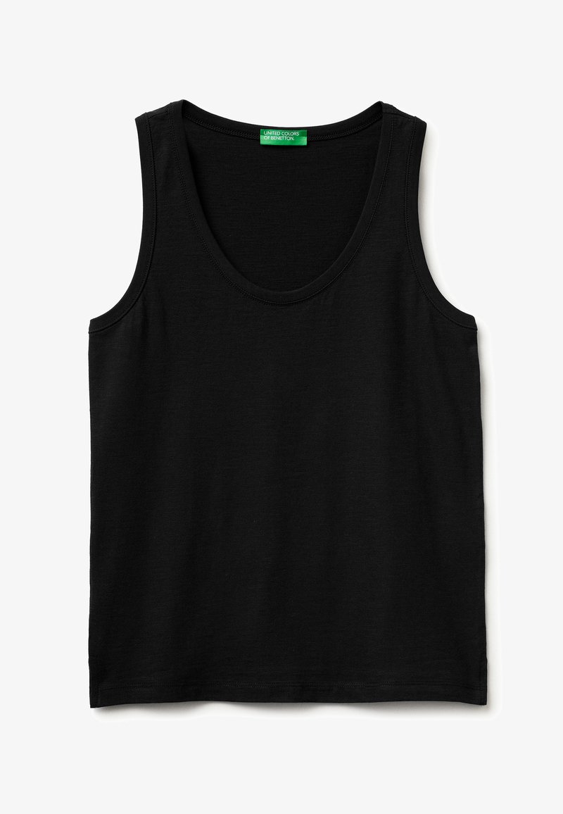Zwarte mouwloze tanktop met halslijn in een ronde vorm en een groen label met de tekst "United Colors of Benetton" bij de kraag.