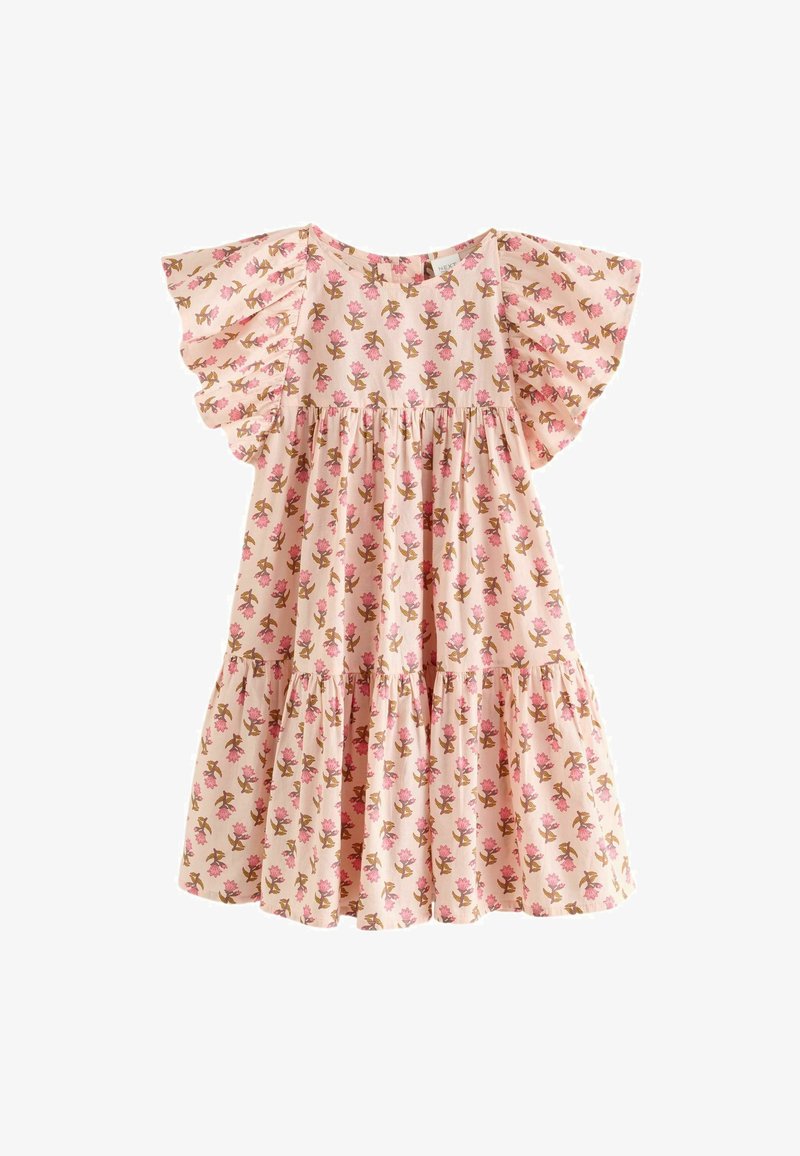 Blumenkleid aus leichtem pinkfarbenem Stoff, mit gerafften kurzen Ärmeln und einem gestuften Rock. Mit kleinen Rosenmustern in Pink und Braun.