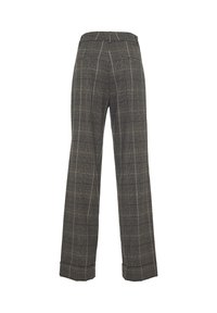 Pantalons large à carreaux gris en tissu tissé. Présentent une taille haute, des plis et des ourlets retroussés. Deux poches arrière visibles.