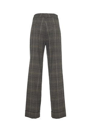 Pantaloni a gamba larga a quadri grigi realizzati in tessuto intrecciato. Presentano una vita alta, pieghe e bordi arrotolati. Due tasche posteriori visibili.