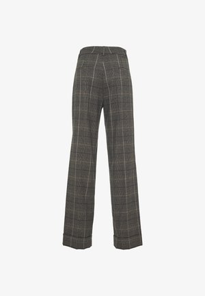 Pantaloni a gamba larga a quadri grigi realizzati in tessuto intrecciato. Presentano una vita alta, pieghe e bordi arrotolati. Due tasche posteriori visibili.