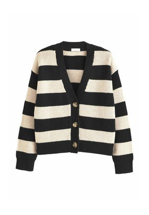 Cardigan tricoté à rayures horizontales noir et beige avec trois boutons et col en V.