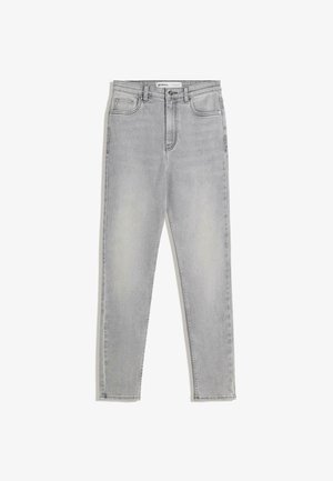 Šedé džínsy s vysokým pásom, slim fit, dizajn s piatimi vreckami a jemným vyblednutím na látke. Vlastnosti ako odolné švy a kovový hardvér.