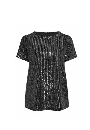 Zwarte korte mouwen top bedekt met verticale zilveren pailletten, met een ronde halslijn en een gladde textuur, geschikt voor casual of feestelijke gelegenheid.