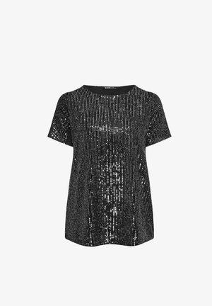 Zwarte korte mouwen top bedekt met verticale zilveren pailletten, met een ronde halslijn en een gladde textuur, geschikt voor casual of feestelijke gelegenheid.