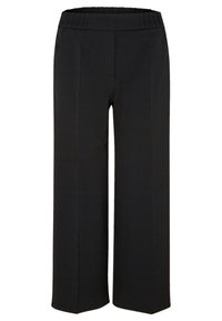 Černé široké kalhoty s elastickým pasem, bočními kapsami a hladkou texturou. Navrženy pro uvolněný střih s čistými liniemi.