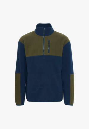 Pullover in pile di colore blu navy e verde oliva, con colletto a mezzo zip, tasche frontali e design con pannello a contrasto. Texture morbida. Vestibilità casual.