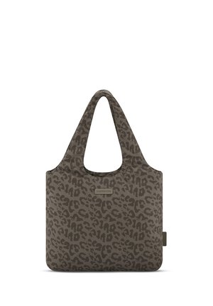 Bruine draagtas met donker luipaardprintpatroon en korte handvatten, rechthoekige vorm, klein merklableau gecentreerd aan de voorkant.