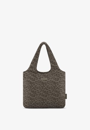 Bruine draagtas met donker luipaardprintpatroon en korte handvatten, rechthoekige vorm, klein merklableau gecentreerd aan de voorkant.