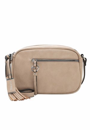 Beige crossbody bag made of faux suede with a zipper pocket, adjustable strap, and fringed accents. Flat, rectangular design.
