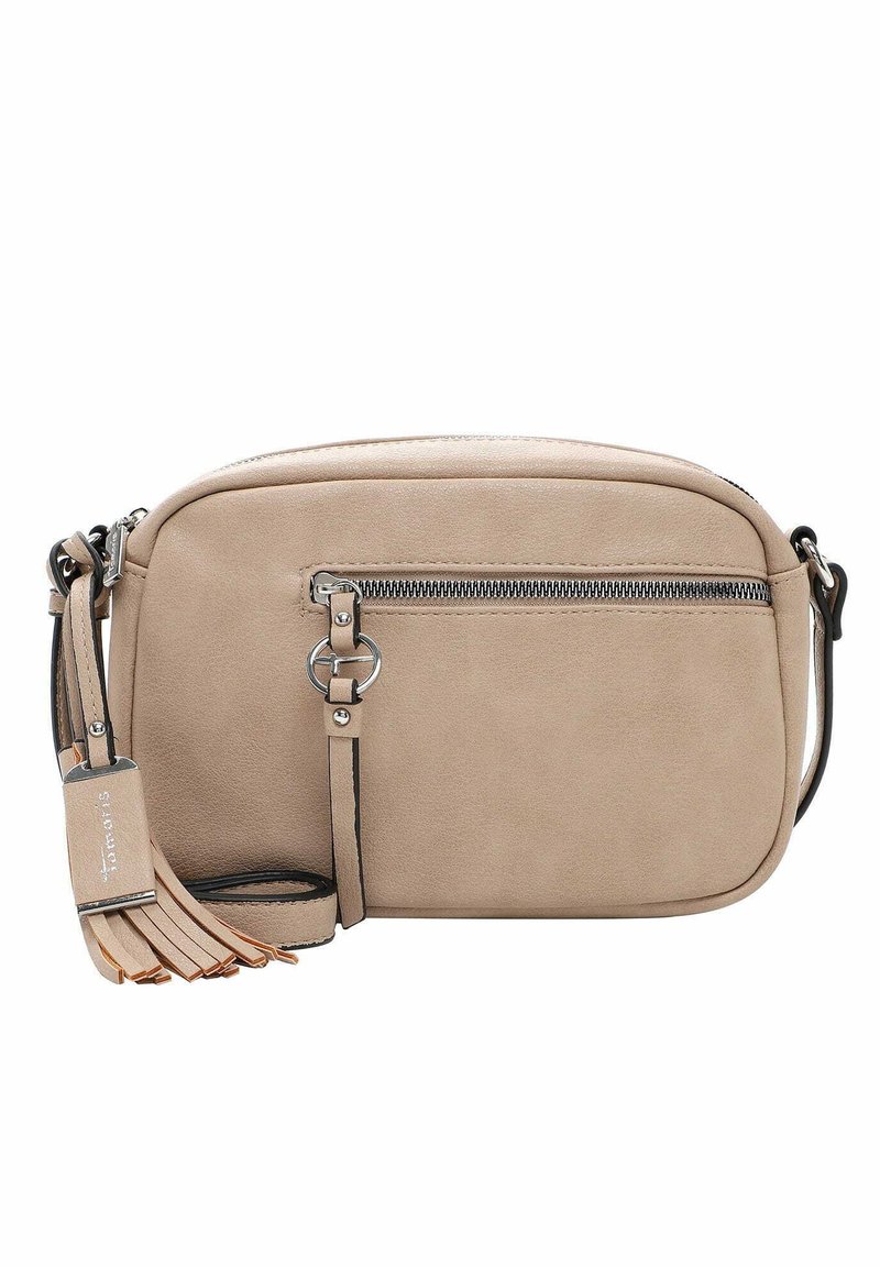 Beige axelväska i fuskmocka med en dragkedjeficka, justerbar rem och fransdetaljer. Platt, rektangulär design.