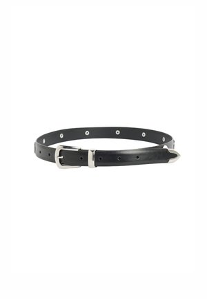 Black leather belt with silver metal buckle, featuring multiple holes and a pointed tip. Smooth texture and simple design.
