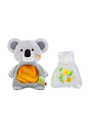 Soft gray koala-shaped pouch with an orange belly area and a clear gel pack with colorful leaf and star shapes inside.