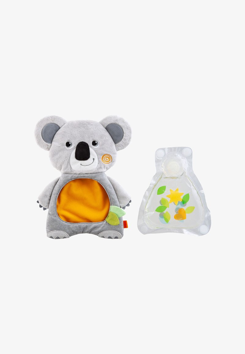 Soft gray koala-shaped pouch with an orange belly area and a clear gel pack with colorful leaf and star shapes inside.