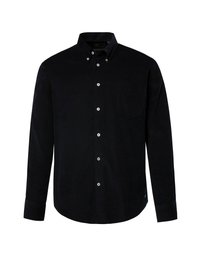 Camicia di velluto a coste blu navy con colletto a punta, maniche lunghe e taschino frontale. Presenta bottoni bianchi e un orlo dritto.