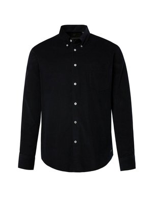 Camisa de pana azul marino con cuello de botones, mangas largas y bolsillo frontal. Presenta botones blancos y un dobladillo recto.