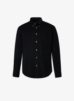 Marineblaue Cordhemd mit Button-Down-Kragen, langen Ärmeln und Brusttasche. Mit weißen Knöpfen und geradem Saum.