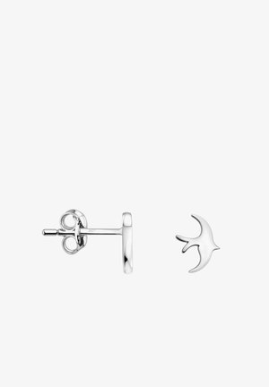 Zilveren studoorbel met een ronde paal, voorzien van een vogelvormig accent, een gladde textuur en een gepolijste afwerking.